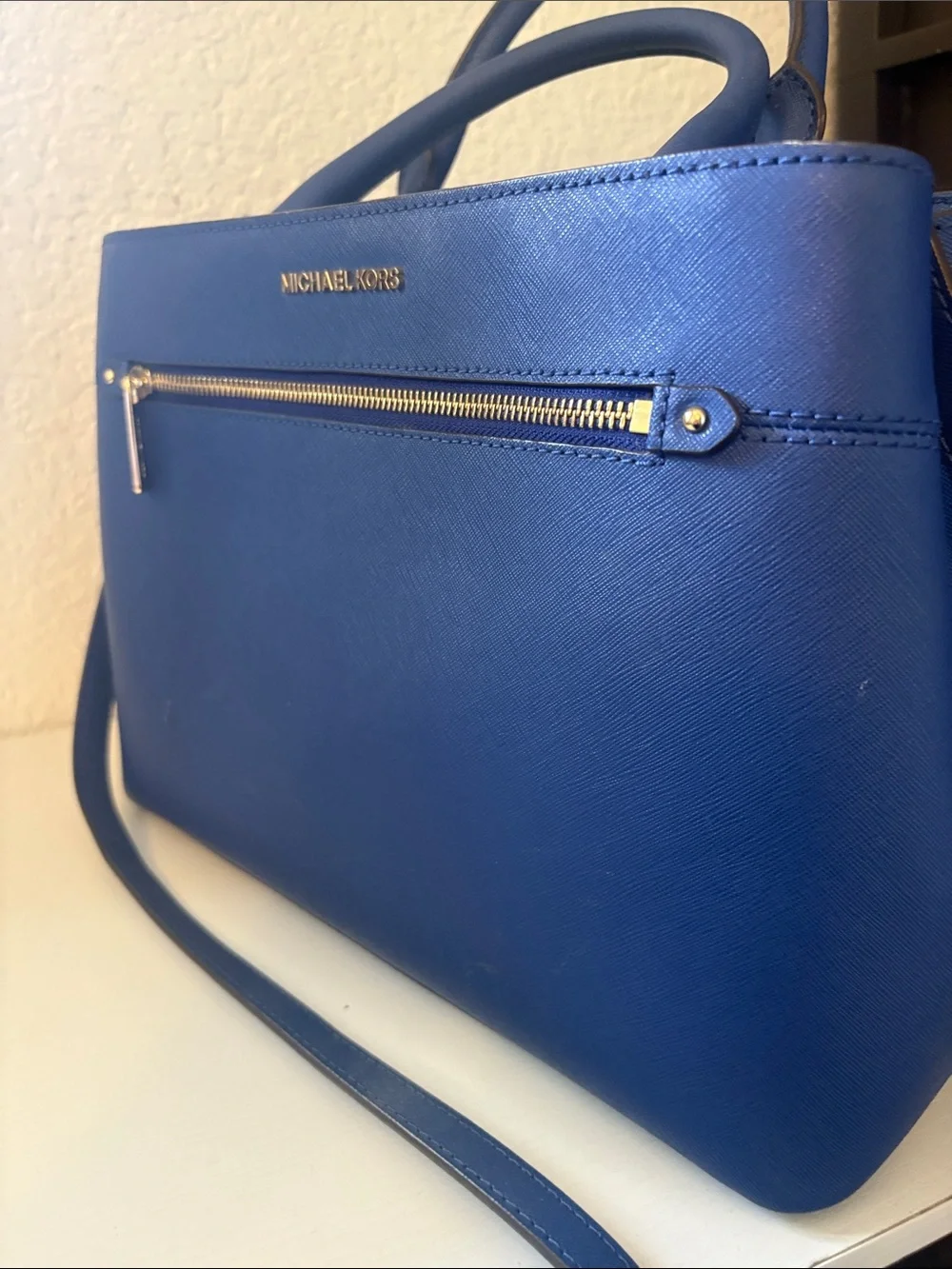 Michael Kors Blue Saffiano Top-Handle Satchel with Gold Hardware